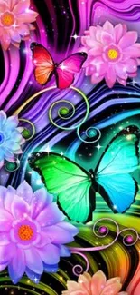 Vibrant wallpaper with butterflies and flowers on a colorful swirl background.