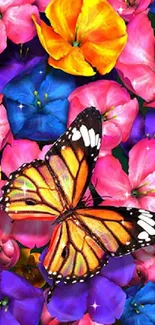 Vibrant butterfly on colorful floral background wallpaper.