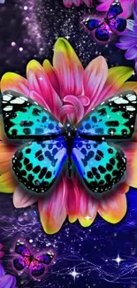 Vibrant butterfly on neon floral background with purple hues.