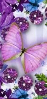 Purple and blue butterfly floral wallpaper for mobile phones.