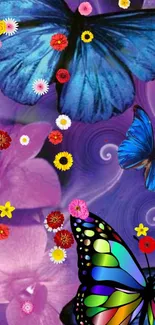 Colorful butterfly and floral wallpaper with purple tones.