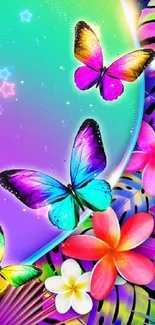 Colorful butterfly and floral wallpaper with stars and vivid hues.