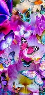 Vibrant butterflies and flowers wallpaper with vivid pink and purple hues.