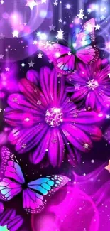 Vibrant purple flowers and butterflies mobile wallpaper.