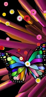 Colorful butterfly and floral background art, vibrant and lively design.