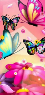 Vibrant butterflies and flowers wallpaper art.