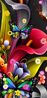 Vibrant mobile wallpaper with butterflies and flowers in colorful design.