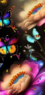 Vibrant floral and butterfly wallpaper with colorful hues.