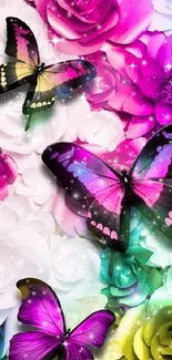 Colorful butterflies with vibrant flowers wallpaper.