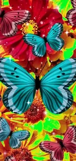 Colorful butterflies and flowers wallpaper with vibrant hues.