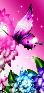 Vibrant butterfly fluttering over colorful flowers with a pink background.