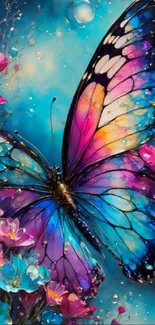 Vibrant butterfly with colorful floral backdrop.