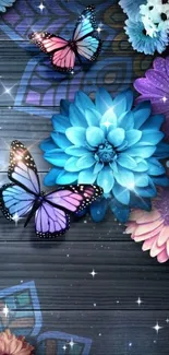 Colorful butterflies with flowers on wood background.