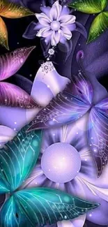 Vibrant mobile wallpaper with butterflies and flowers on a purple background.