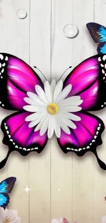 Colorful butterfly with daisy center on a floral background.