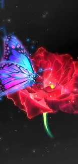 Neon butterfly perched on a glowing red flower.