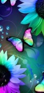 Vibrant wallpaper with butterflies and colorful flowers on a purple background.