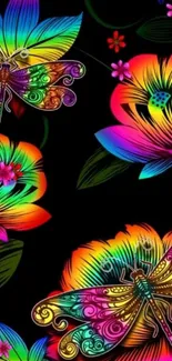 Vibrant butterflies and flowers with neon colors on black background.