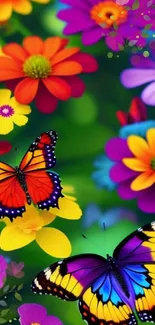 Vivid butterflies among colorful flowers wallpaper for mobile.