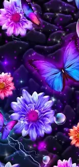 Vibrant butterflies and flowers on a mystical purple background.