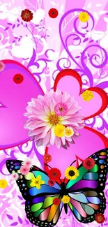 Colorful butterfly and flowers in vibrant pink floral wallpaper.