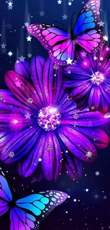 Vibrant purple butterfly and flower wallpaper with stars.