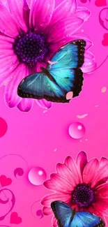 Vibrant pink wallpaper with flowers and butterflies.