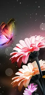 Vibrant butterfly hovering over colorful flowers on black background.