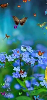 Colorful butterflies on blue flowers mobile wallpaper.