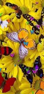 Colorful butterflies on yellow flowers wallpaper.