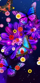 Vibrant wallpaper with butterflies and flowers in a purple background.