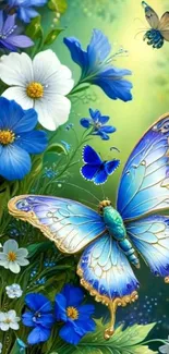 Colorful butterfly on a blue floral background.