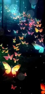 Vibrant butterflies glow in a mystical forest mobile wallpaper.