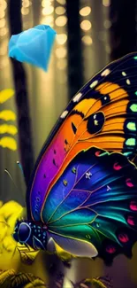 Colorful butterfly in a mystical forest with glowing trees and a magical blue gem.