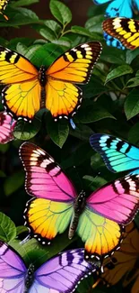 Colorful butterflies amidst lush green leaves.