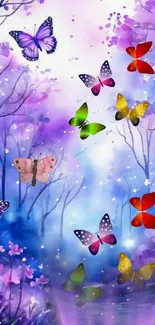 Vibrant butterflies in a mystical purple forest setting.