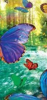 Colorful butterflies flying in a green forest.