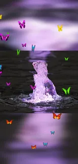 Purple fountain with colorful butterflies.