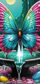 Artistic butterfly on a fountain with stones, in vibrant colors and teal hues.