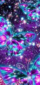 Vibrant butterflies in a neon galaxy backdrop with shimmering stars.