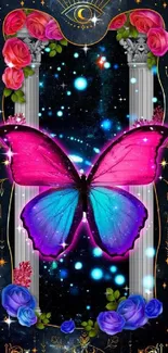 Vibrant pink and blue butterfly with roses and cosmic background.