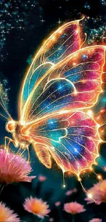 Galaxy butterfly glowing vibrantly on a flower in a starry background.