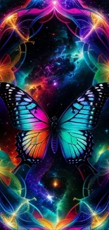 Colorful cosmic butterfly with galaxy backdrop.