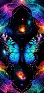 Vibrant butterfly in a galaxy-themed cosmic art wallpaper.