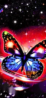 Vibrant butterfly on a red cosmic galaxy background wallpaper.