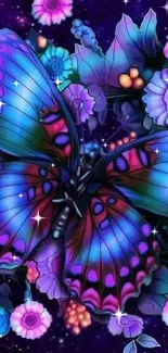 Vibrant butterfly and flowers in a cosmic galaxy-themed wallpaper.