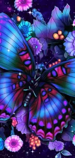 Vibrant butterfly with flowers on galaxy background wallpaper.