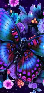 Colorful butterfly and flowers in a galaxy scene.