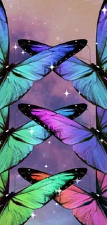 Colorful butterflies in galaxy-themed wallpaper.