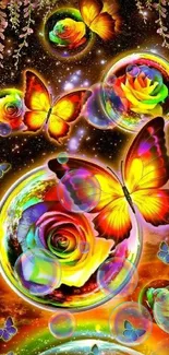 Vibrant cosmic wallpaper featuring butterflies and colorful roses.